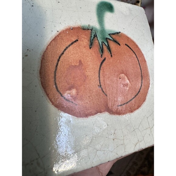2 antique tile handpainted tiles Pumpkin Pitcher Kitchen Decor 4”x4” - Picture 14 of 15
